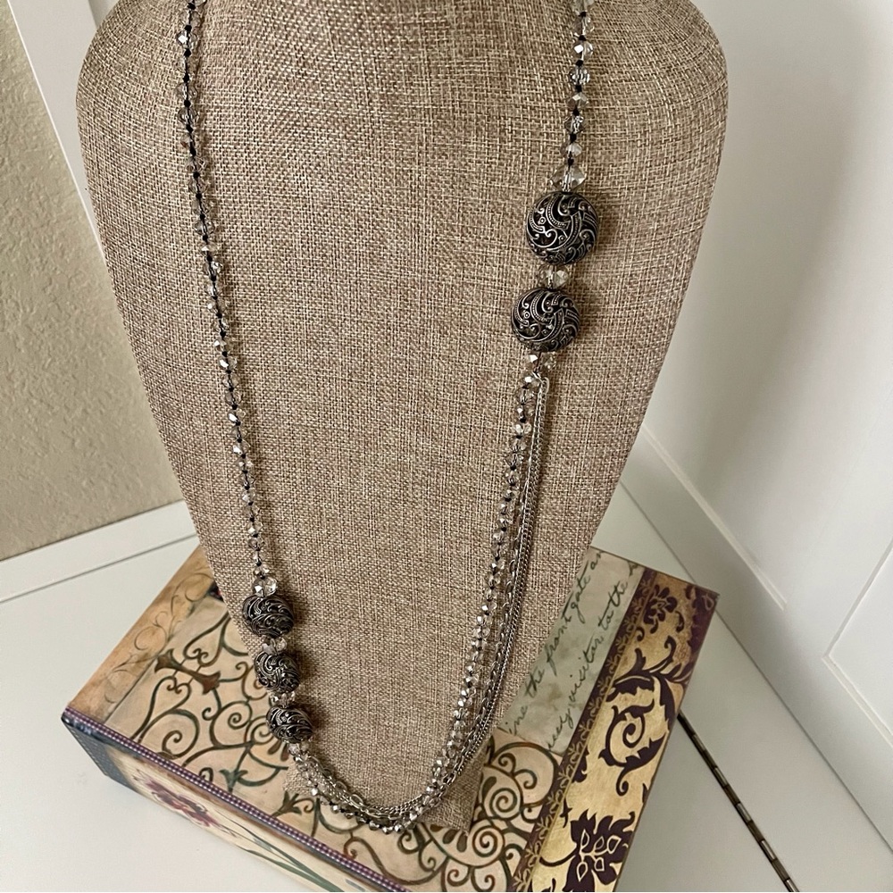 Vintage Opera Length Filigree and Hand Knotted Smokey Grey Crystal Beads - Picture 1 of 13
